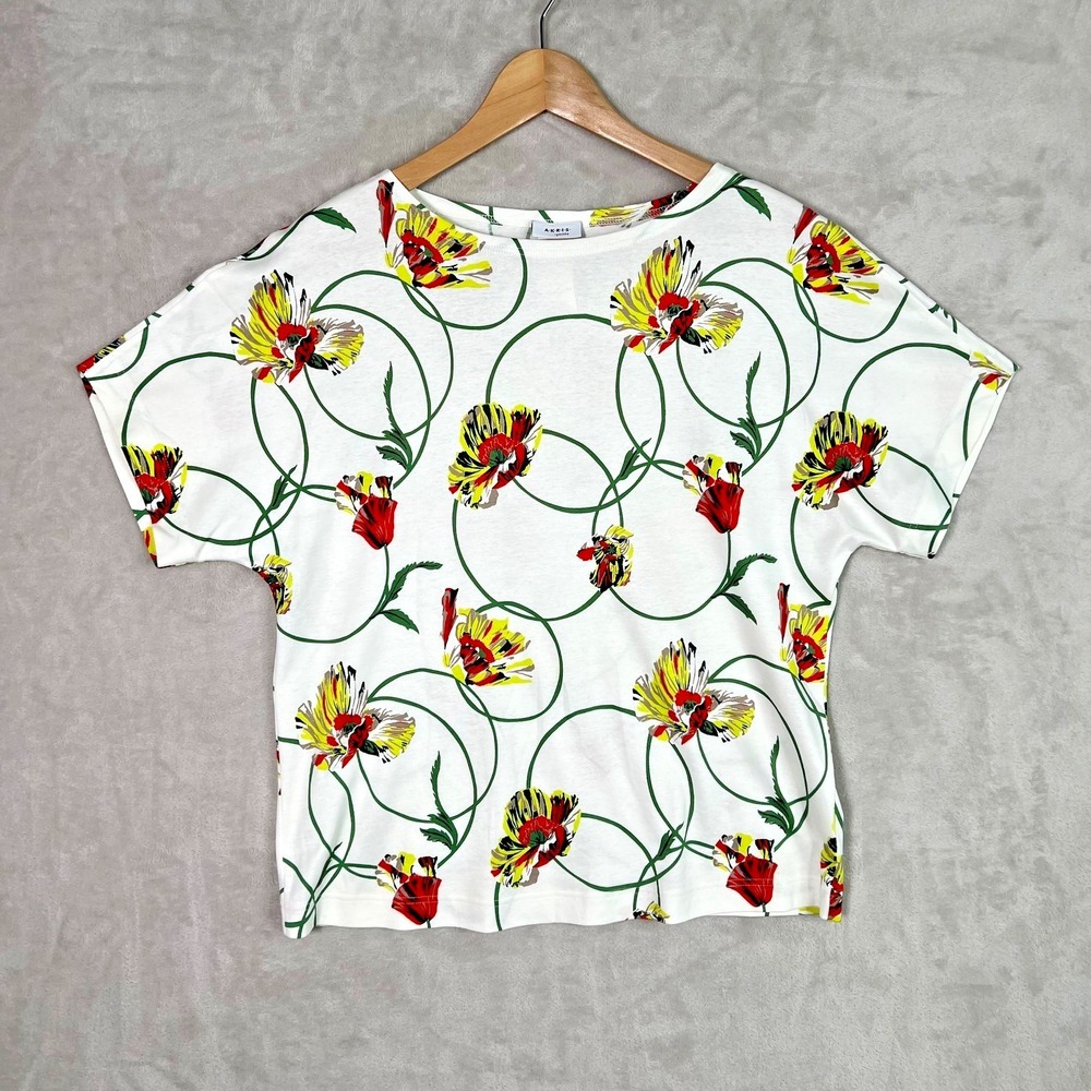 AKRIS PUNTO Shirt Size 8 Poppy Dot Print Cotton Floral Tee EUC